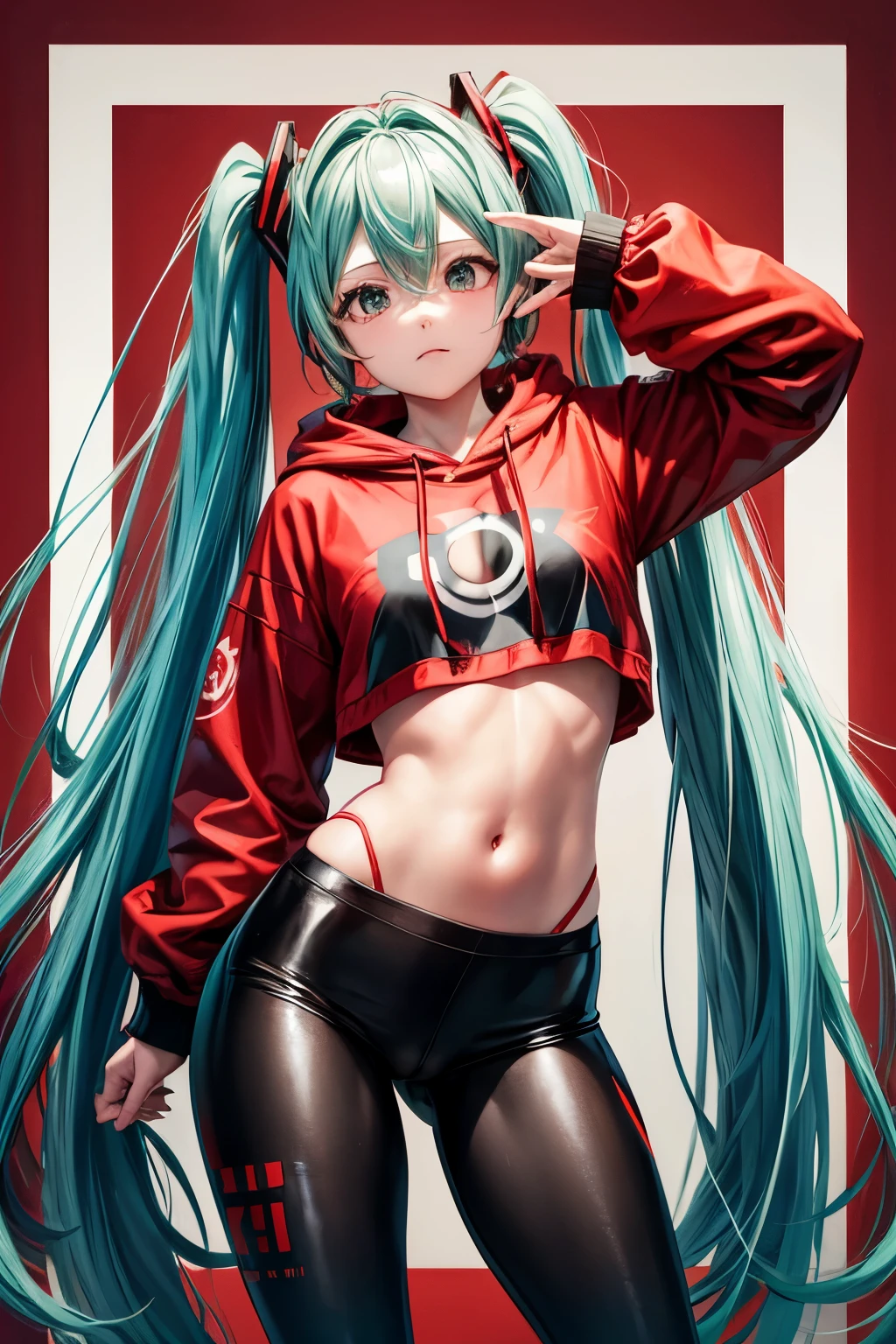 hatsune miku wearing red and black leggings and a red and black hoodie with a red hammer and sickle printed on the chest, cameltoe,