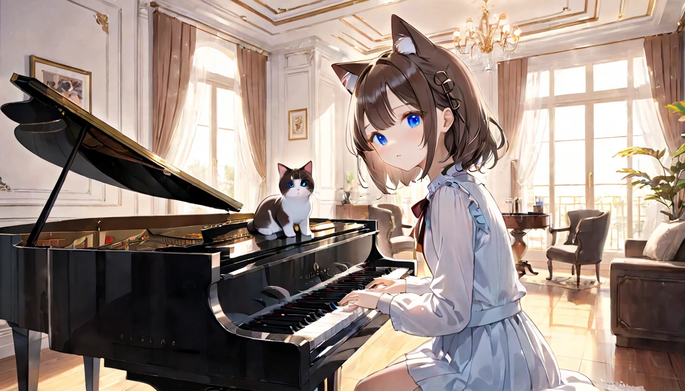 (1 girl)、music room、Girl playing classical piano、Cat ear、clear eyes、artificial intelligence