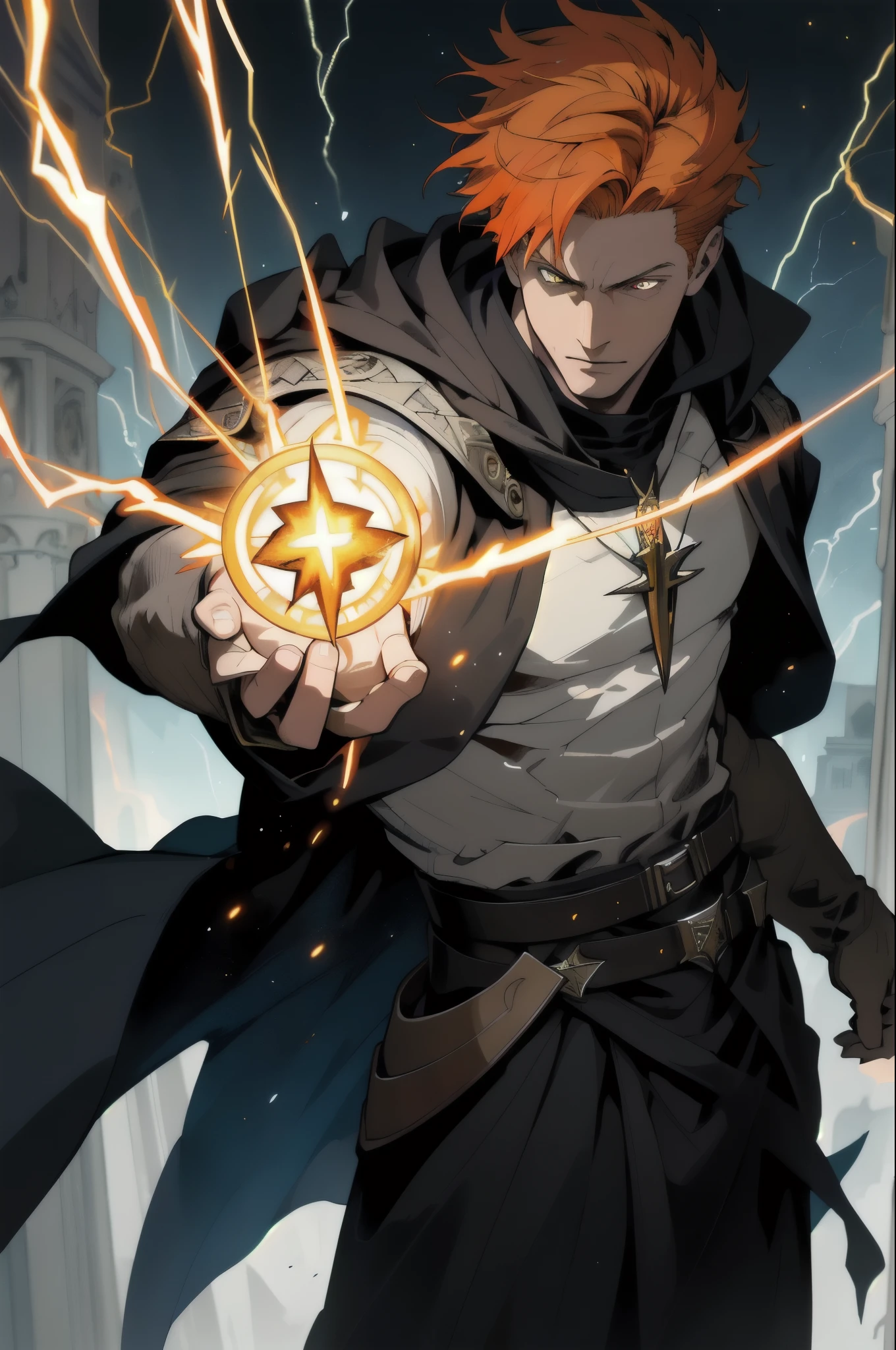 Best quality, masterpiece, super high resolution, detailed background, realism, hadesstyle, solo, young male, mature, orange hair, lightning bolts, handsome male, short hair, wizard, fallen priest, heretic, shiny eyes, yellow eyes, tarot, The Wizard \ (theme\), dark fantasy, depth of field