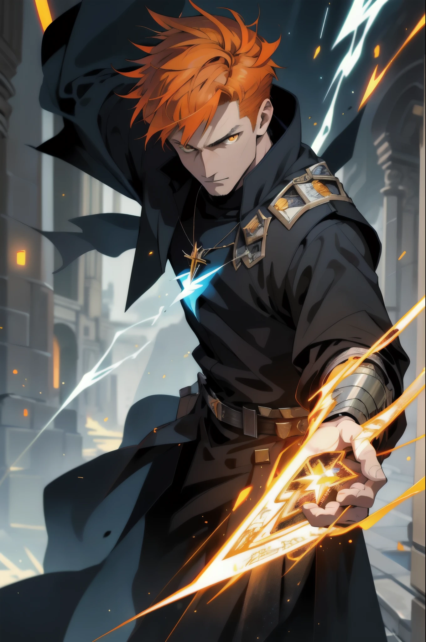 Best quality, masterpiece, super high resolution, detailed background, realism, hadesstyle, solo, young male, mature, orange hair, lightning bolts, handsome male, short hair, wizard, fallen priest, heretic, shiny eyes, yellow eyes, tarot, The Wizard \ (theme\), dark fantasy, depth of field