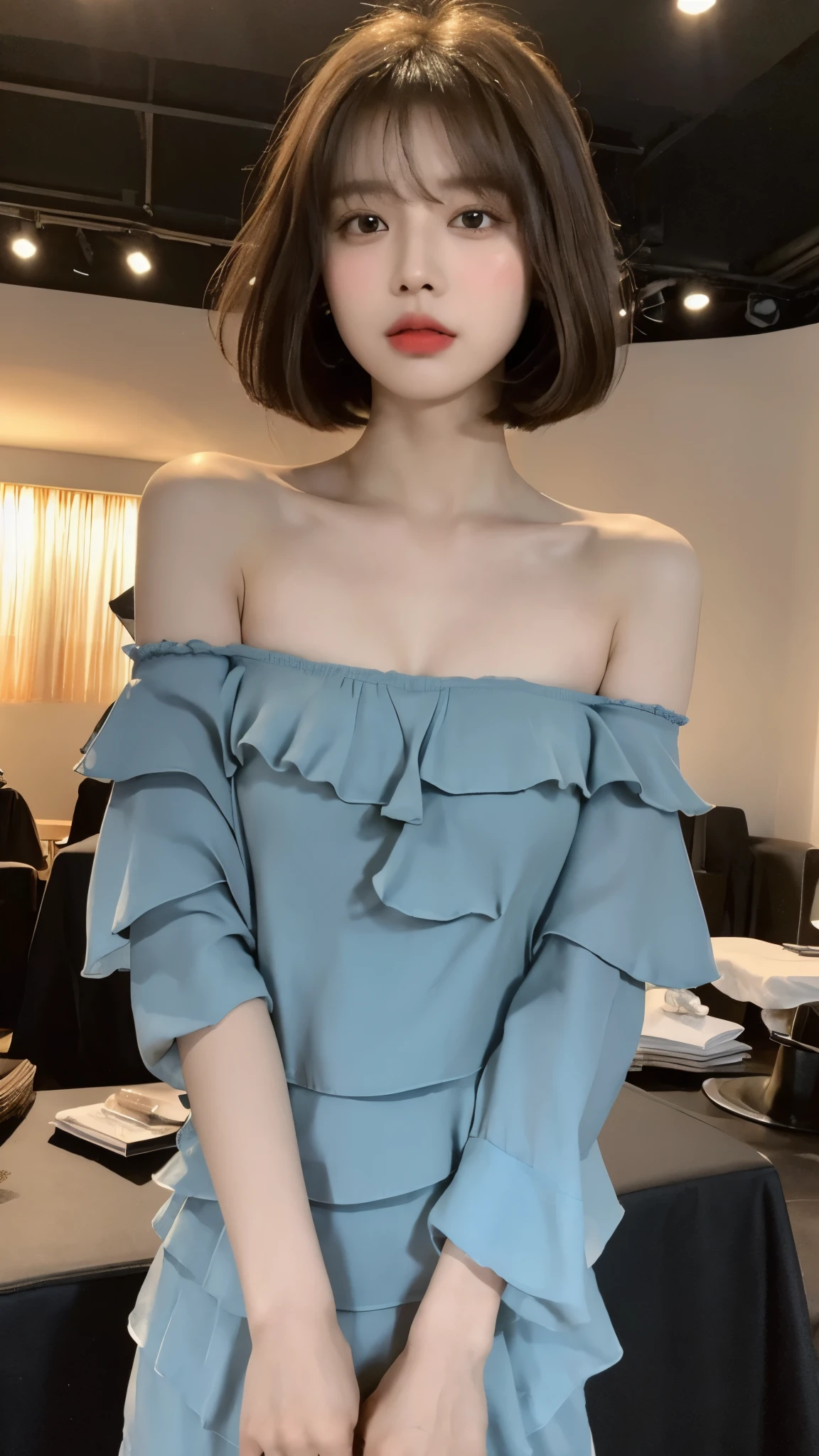 ((best quality, 8k, Masterpiece: 1.3)), 1 girl, Beautiful figure, slim stomach.: 1.3, (Casual hairstyle, big breasts: 1.3), Open shoulder dress , Off-the-shoulder shirt, Show off your abdominal muscles , Very smooth face, delicate eyes, Double eyelids, blue Ocean