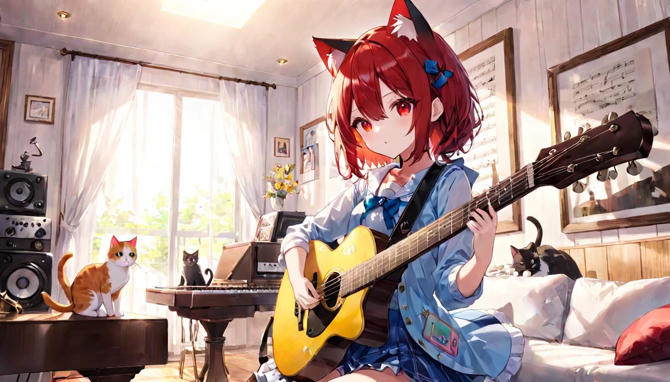 (1 girl)、music room、Girl Playing Guitar、red eyes、Cat ear、clear eyes