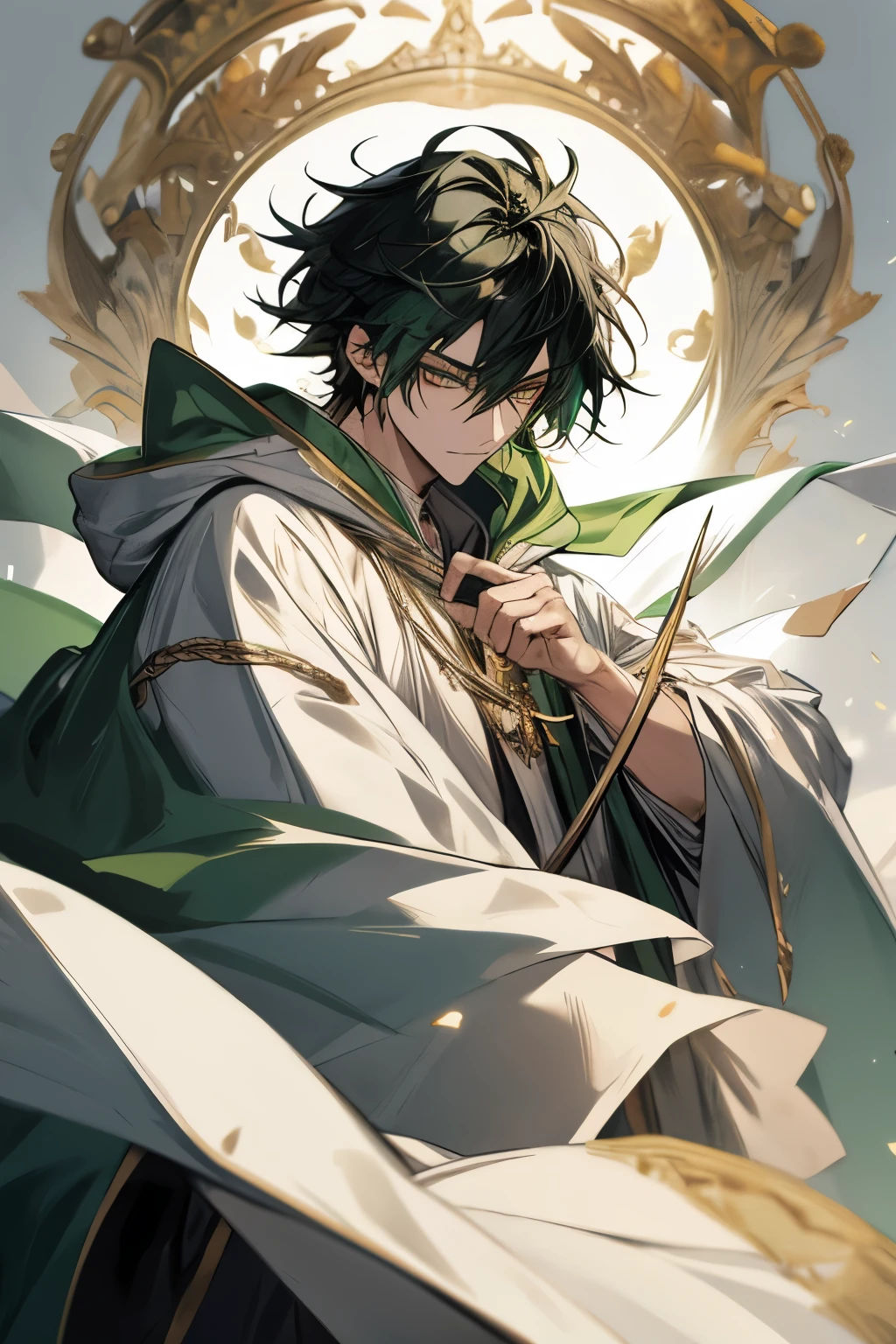 Masterpiece, highres, best quality, solo, 1 male, medium hair, black hair with green hair, gold eyes, white shirt, white hooded cloak, wizard, magic