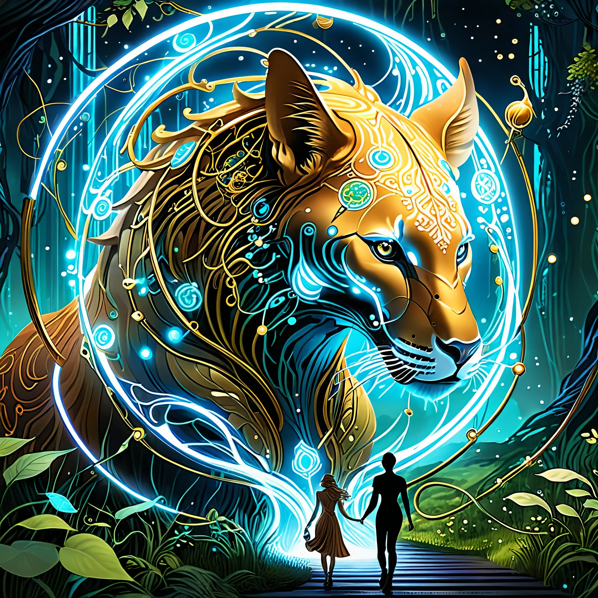 Illustrate a whimsical Eden where AI-powered creatures and enchanted organic beings engage in harmonious activities, blurring the lines between magic and technology.