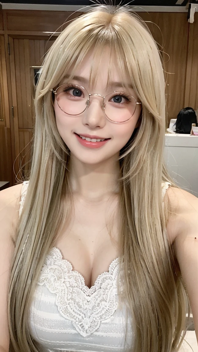 Beautiful girl with cute face,Beautiful face,Very beautiful blonde super long straight silky hair,Half body shot,Long bangs,large amount of bangs,Beautiful cute hair between the eyes,striated hair,Round face,Very beautiful eyes, cute glasses, sharp nose, Pure white beautiful skin, smiling, lace dress,large full breasts,
