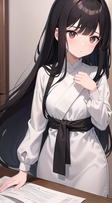 woman, Calm and thoughtful, Long black hair neatly tied up, A clear brown, calm gaze, delicate body shape, Copy of ancient document, Traditional style with a contemporary accent