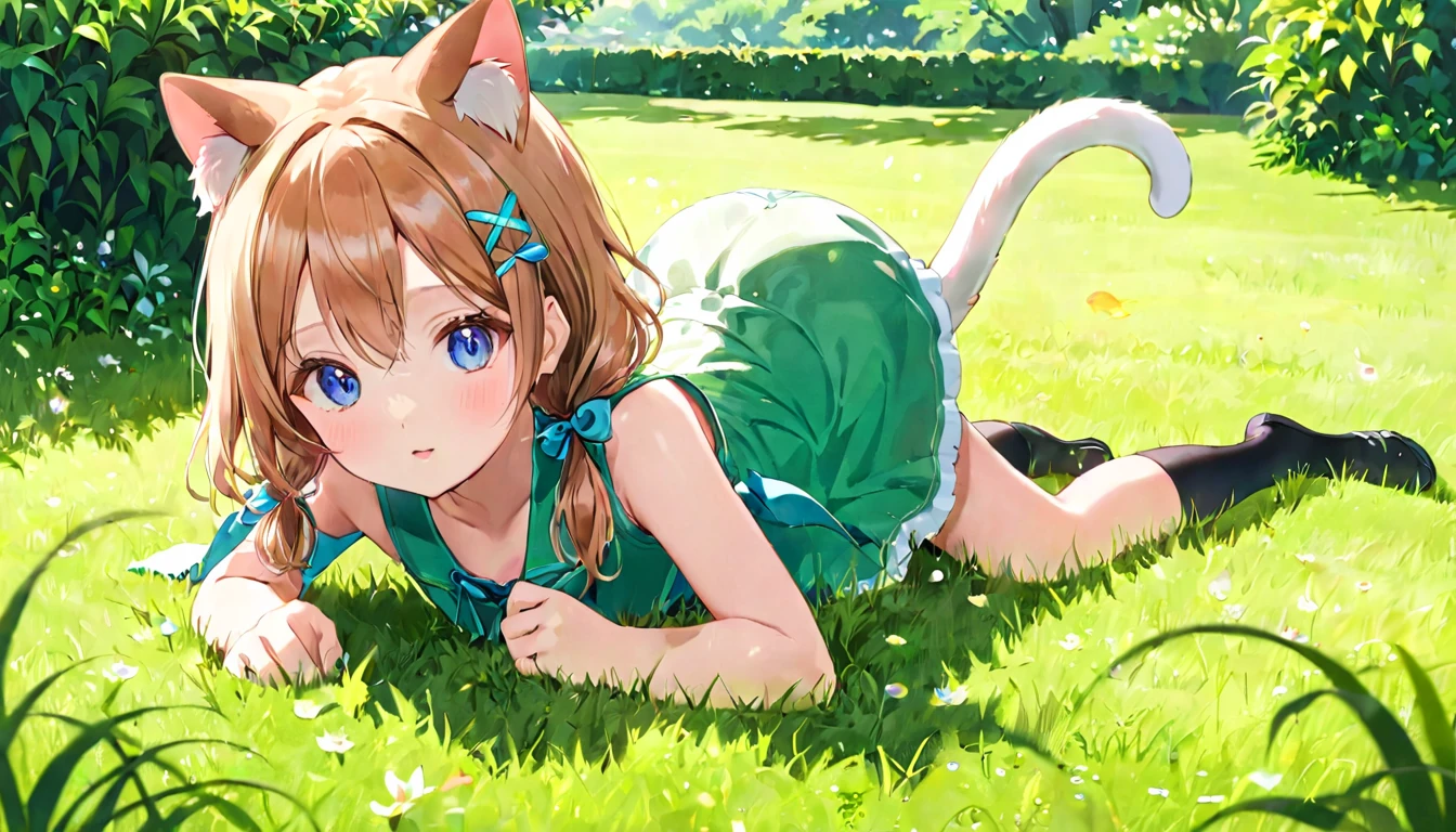 (1 girl)、Cat ear、clear eyes、Girl playing in the grass