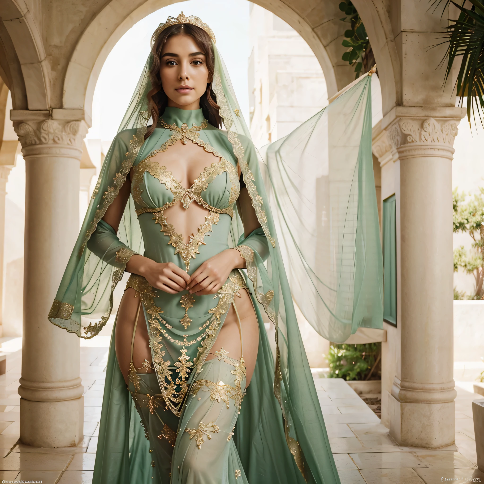 woman in a green dress with a veil, a pastel inspired by Frederick Goodall, trending on cg society, arabesque, arafed goddess, traditional beauty, sexy body, gorgeous woman, arafed super model, beautiful goddess, wearing elaborate white and gold, arabian beauty, jaw-dropping beauty, gorgeous beautiful woman, white girl, very beautiful woman