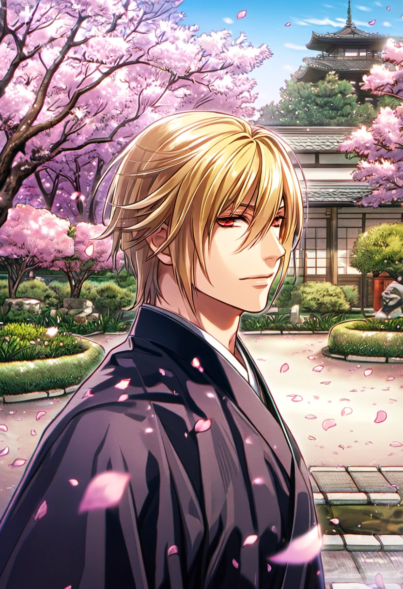 Ultra detailed, Highres, absurdres, HDR, Kzama Chikage, blonde hair, red eyes, Hakuouki, 1 man only, petals, cherry blossoms, handsome, garden,