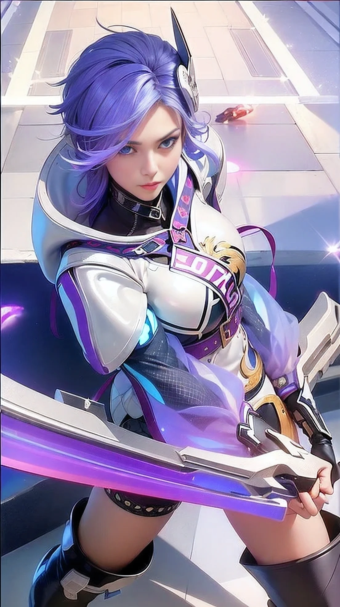 (female:1.2), 8k, ultra hd, ultra detailed texture, hyper realistic, masterpiece, detailed texture, detailed face, detailed skin, detailed lighting, (photorealistic:1.5), best quality, beautiful lighting, cinematic lighting, professional lighting, ultra highres, realistic, detailed hair, real hair, high quality, (realskin:1.5), extremely detailed, finely detail, ultra-detailed, 1girl, solo, floating, (blue eyes:1.5), fire eyes, glowing eyes, black lips, v-shapped eyes, closed mouth, angry, colored skin, dark skin, purple skin, nose, pretty, beautiful, make up, cute face, evil smile, short hair, white hair bangs, large breasts, thigh, pauldrons, black pants, belt, purple coat, mechanical wings, armor shoulder, gloves, eudora \(mobile legends\), depth of field, looking aways, skin tight, amazing pose, glowing electric, lighting, cinematic background, elf ears
