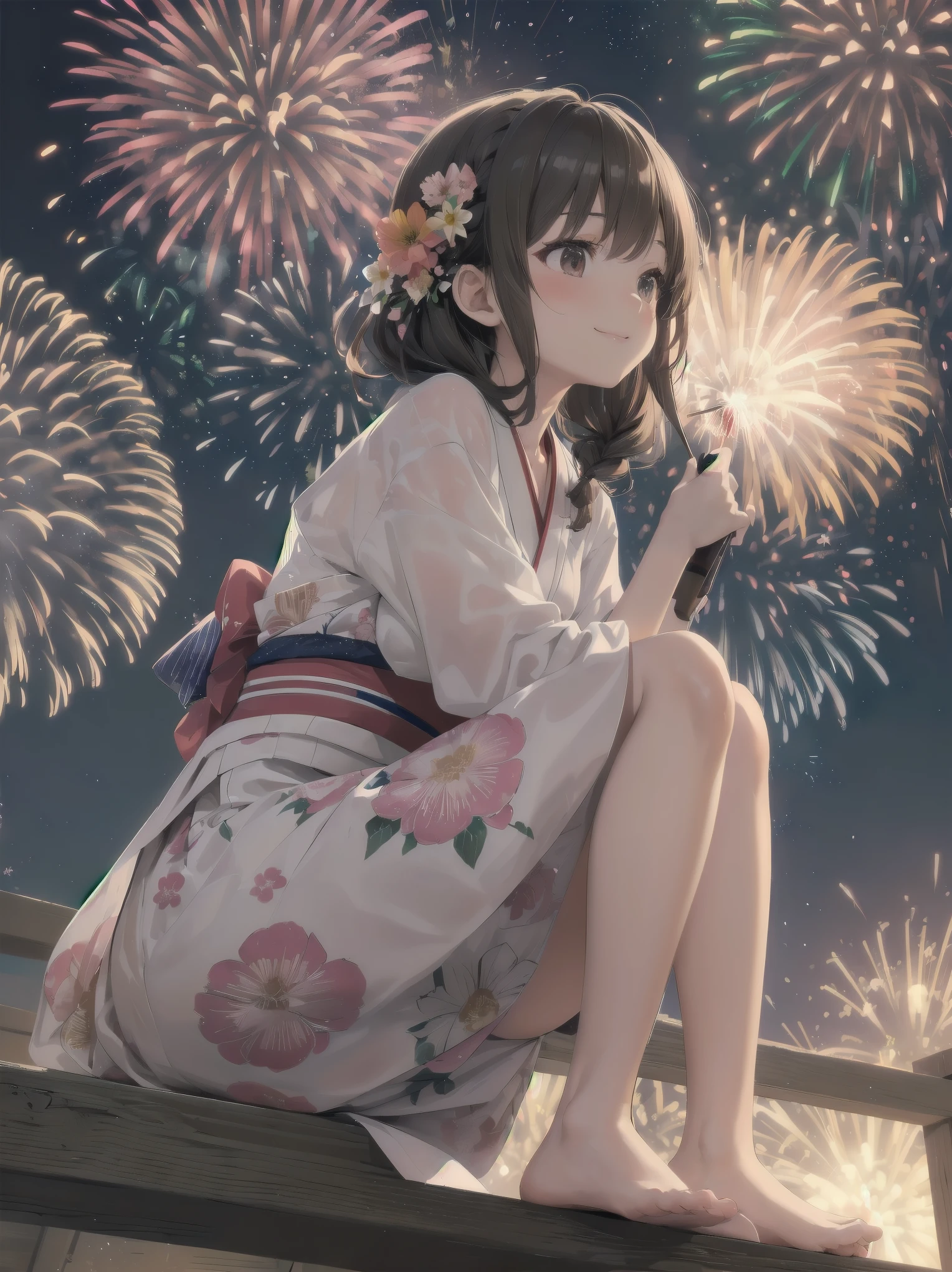 (((Best quality))), (((Ultra detailed))), 1 girl, bedhead, cute, brown hair, braid hair, (festival, night, fireworks), yukata, viewing from below, viewing from side, looking away, smiling, blush, beautiful detailed hair, beautiful detailed skin, beautiful detailed light, shade, ((looking away, viewing from below)), ((looking up)), summer, sunshine (((fireworks, flowers, fire))), ((sitting)), full body, small breasts,