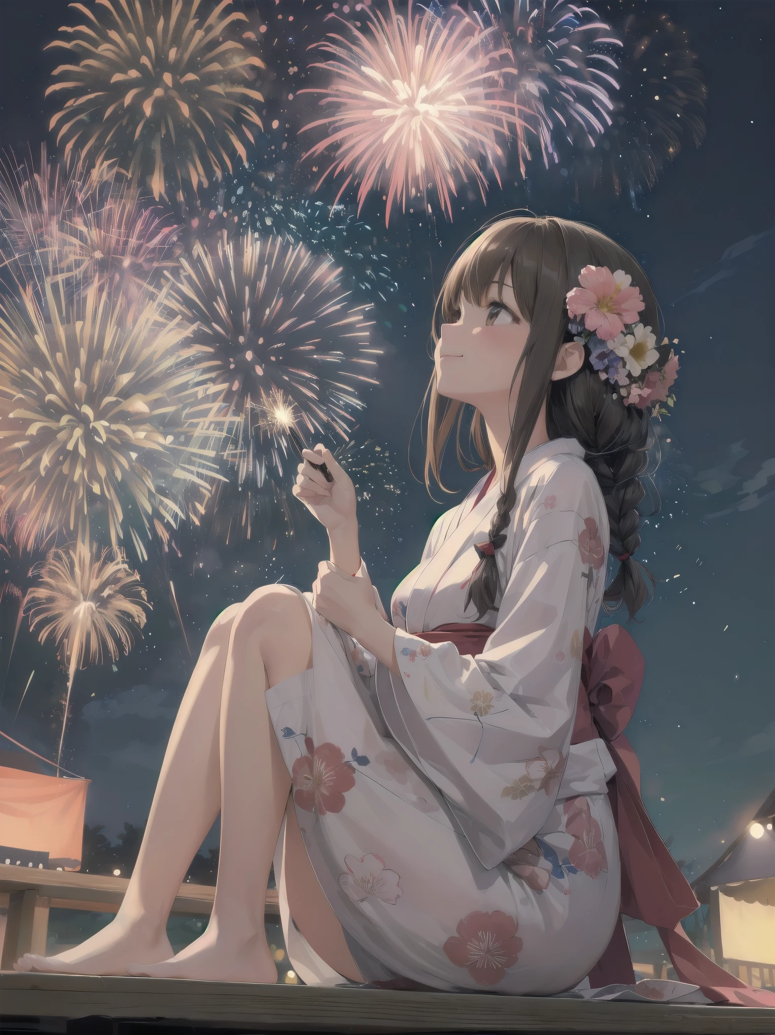 (((Best quality))), (((Ultra detailed))), 1 girl, bedhead, cute, brown hair, braid hair, (festival, night, fireworks), yukata, viewing from below, viewing from side, looking away, smiling, blush, beautiful detailed hair, beautiful detailed skin, beautiful detailed light, shade, ((looking away, viewing from below)), ((looking up)), summer, sunshine (((fireworks, flowers, fire))), ((sitting)), full body, small breasts, 