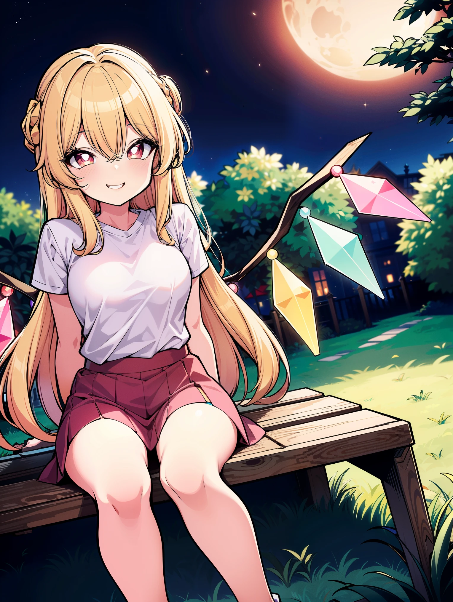 up view, (colorful:1.1), glowing, (ultra-high resolution, depth of field:1.2), (Flandre scarlet:1.1), (1woman), (adult), in her 20s, Touhou project, (medium breasts), (crimson eyes), white pupils, glowing eyes, blonde hair, wavy hair, (long hair:1.1), (french braid), (wearing a casual clothes:1.2), Arranged from the tip of her wings her 8 crystals which are presented in seven colors: light blue, blue, purple, pink, orange, yellow, light green and finally light blue again, (classic mansion scenery), garden, night time, (grinning), squinting eyes, sitting on a garden bench
