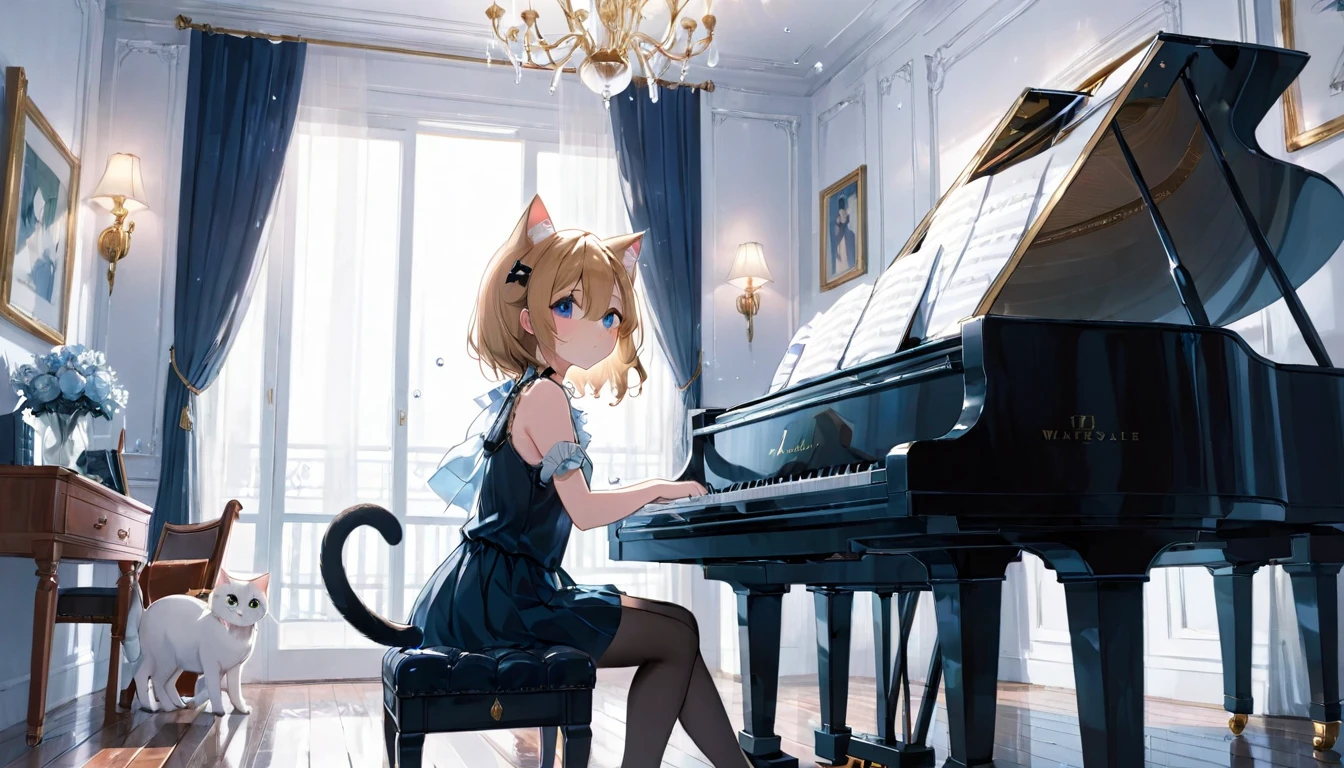 (1 girl)、music room、Girl playing classical piano、Cat ear、clear eyes、Drawn from a top-down perspective、Little watery eyes