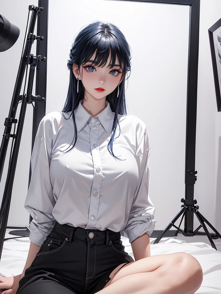 top quality、Top image quality、​Masterpiece、teenage girl((White shirt、black trousers、18 years old、 Ajer、best bust、big bast,black eyes, blue hair、A slender one,Oyama Valley、Red lipstick makeup、cute earrings、Silver Watch、chest together、sit up、Create a captivating pose eyeshadow for your eyes)),high quality、beautiful art、background with((white wall、Photography Studio))​Masterpiece、depth of field,Camera Film Style