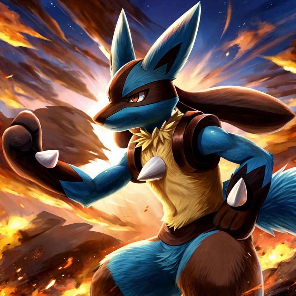 Lucario from pokemon anime, pokemon,furry art,anthro,wolf ears,brown colours eyes,fighter, masterpiece