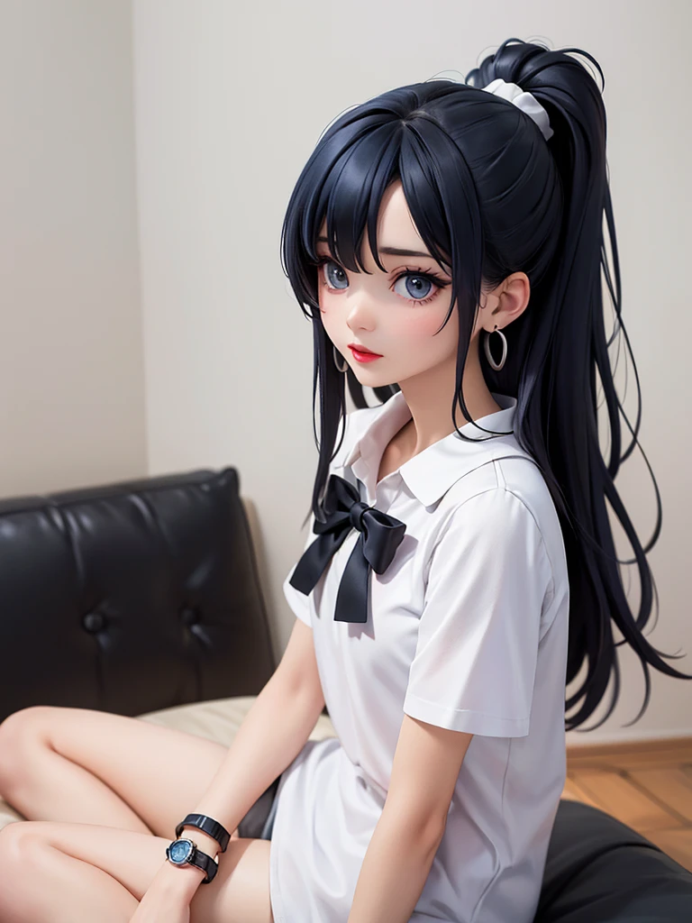 top quality、Top image quality、Masterpiece、age girl((White shirt、black trousers、18 years old、 Ajer、best bust、big bast,black eyes, blue hair、A slender one,Oyama Valley、Red lipstick makeup、cute earrings、Silver Watch、chest together、sit up、Create a captivating pose eyeshadow for your eyes)),high quality、beautiful art、background with((white wall、Photography Studio))Masterpiece、depth of field,Camera Film Style