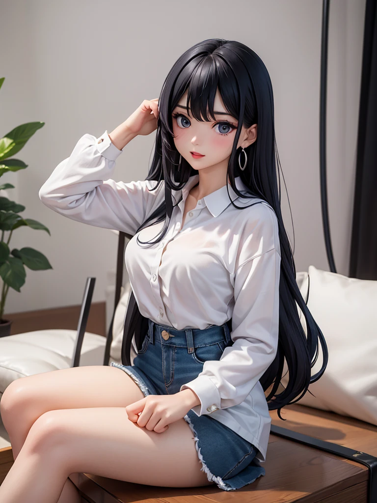 top quality、Top image quality、Masterpiece、teenage girl((White shirt、black trousers、18 years old、 Ajer、best bust、big bast,black eyes, blue hair、A slender one,Oyama Valley、Red lipstick makeup、cute earrings、Silver Watch、chest together、sit up、Create a captivating pose eyeshadow for your eyes)),high quality、beautiful art、background with((white wall、Photography Studio))Masterpiece、depth of field,Camera Film Style