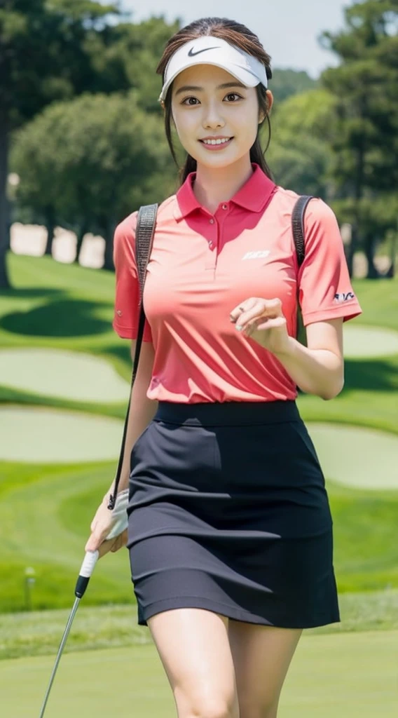 Beautiful Japanese woman wearing golf wear, real person, detailed body ,live action、Skirt flip, office lady