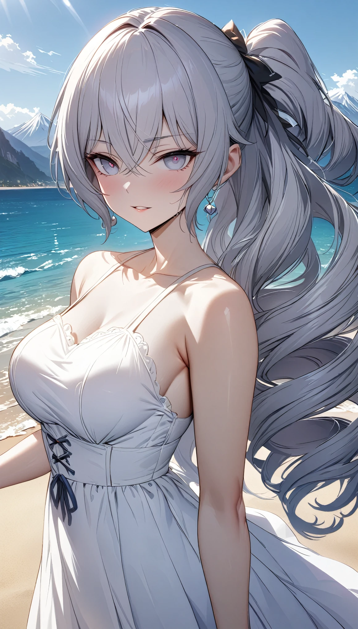 (((Masterpiece))), , diffused light, dynamic shadows, sharp focus, detailed, sundresses , anatomically correct, loving face, beach with mountain background, bronya, (( half body:1)), bronya, long drill hair