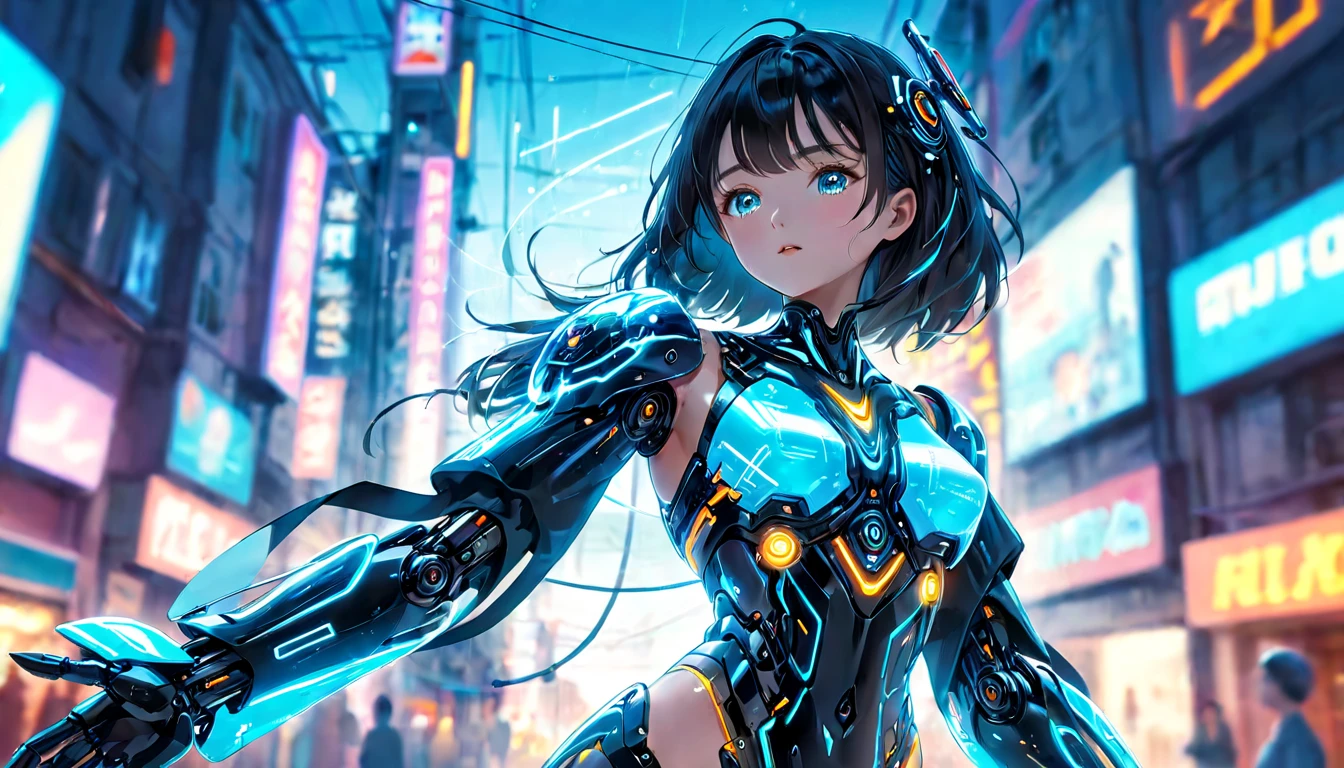 amazing artificial intelligence, Beautiful woman with a robot-like body, surreal, cinematic angle, blue neon blurred background, apparent circuit,  lively, be familiar with, Zubrush, cartoon illustration