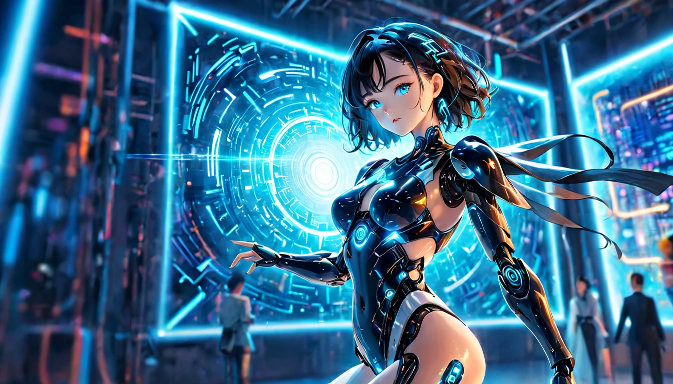 amazing artificial intelligence, Beautiful woman with a robot-like body, surreal, cinematic angle, blue neon blurred background, apparent circuit,  lively, be familiar with, Zubrush, cartoon illustration