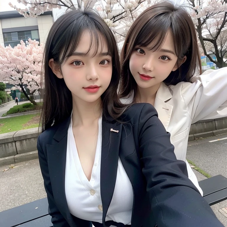 highest quality, High resolution, (realistic:1.2), 1 girl, Japanese beautiful girl, smile, big slit eyes, (big double eyelids:1.5), high definition eyes, plump cheeks, Dimples, light makeup, long black hair, bangs, slender, Are thin, small breasts, wave hands, , dark blue blazer, (Blazer button open:1.3), White blouse with collar, ribbon tie, white bra, Grey plaid pleated skirt, strong light, Cherry blossom trees, bench, Japanese high school, spring,