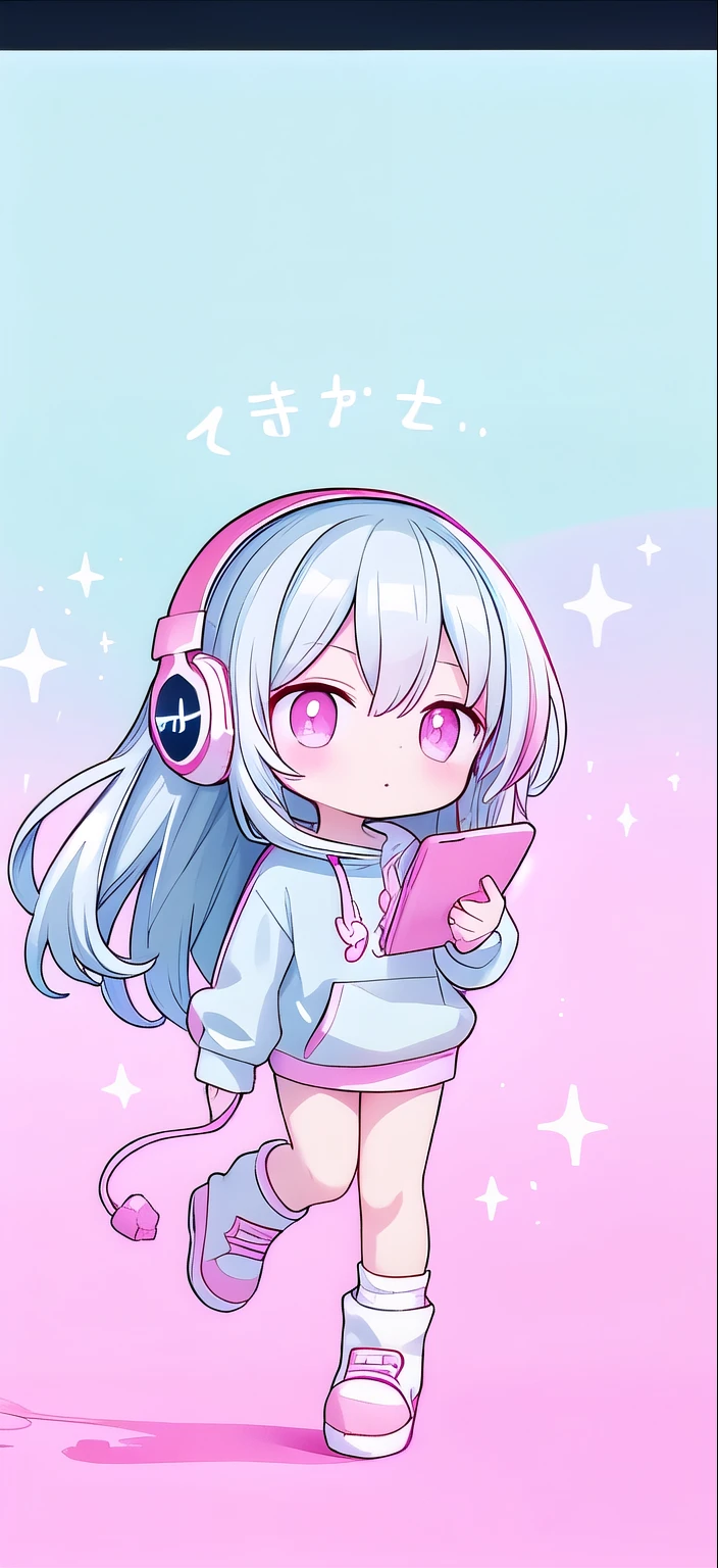 light blue long hair，Pink and white sweatshirt，pink eyes，Blue headphones