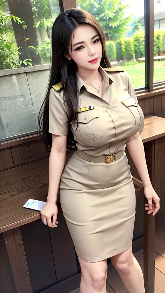 Khaki suit, khaki civil servant, Thai teacher uniform:1.3, beautiful girl, Two meter long hair, extra long hair, Long hair that catches the eye, long black hair, Her hair is very long., Long, shiny hair, Long, thick, soft hair, Extra long hair, Dynamic posts, like full body, Short sleeve shirtสีกากี, short pencil skirtสีกากี, side cut, Decorated with military insignia., black high heels, The sexiest, small waist, hips raised, small thighs, Long legs, big breastsโต, big breasts:1.5, big breast, Very big breasts, Eye-catching breasts, Large breasts pierce the shirt, Not completely covered, big breast, Huge breast, Big tits D, สาวTwo meter long hair, Beautiful face, red lips, Very shiny, แต่งBeautiful face, Military rank insignia, short pencil skirt, tight, Short sleeve shirt, tight fitting, in the background, blurred garden. ultra short skirt, , short skirt dance, standing mannequin, walk, straight face