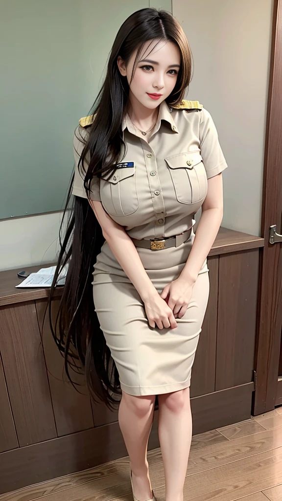 Khaki suit, khaki civil servant, Thai teacher uniform:1.3, beautiful girl, Two meter long hair, extra long hair, Long hair that catches the eye, long black hair, Her hair is very long., Long, shiny hair, Long, thick, soft hair, Extra long hair, Dynamic posts, like full body, Short sleeve shirtสีกากี, short pencil skirtสีกากี, side cut, Decorated with military insignia., black high heels, The sexiest, small waist, hips raised, small thighs, Long legs, big breastsโต, big breasts:1.5, big breast, Very big breasts, Eye-catching breasts, Large breasts pierce the shirt, Not completely covered, big breast, Huge breast, Big tits D, สาวTwo meter long hair, Beautiful face, red lips, Very shiny, แต่งBeautiful face, Military rank insignia, short pencil skirt, tight, Short sleeve shirt, tight fitting, in the background, blurred garden. ultra short skirt, , short skirt dance, standing mannequin, walk, straight face