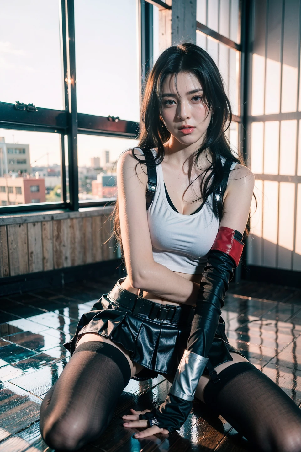 Tifa,1gil,solo,gloves,elbow gloves,fingerless gloves,breasts,suspenders,thighhighs,crop top,tank top,skirt,black thighhighs,suspender skirt,black skirt,earrings,jewelry,midriff,looking at viewer,elbow pads,white tank top,black gloves,realistic,boots,shirt,underwear,panties,low-tied long hair,sports bra,miniskirt,arm guards,belt,underboob,white panties,red footwear,black panties,pleated skirt,collarbone,bottomless,fighting stance,sleeveless,shorts,pencil skirt,
sexy pose,best quality,masterpiece,illustration,an extremely delicate and beautiful,CG,unity,8k wallpaper,Amazing,finely detail,masterpiece,official art,extremely detailed CG unity 8k wallpaper,incredibly absurdres,huge filesize,ultra-detailed,highres,extremely detailed,beautiful detailed girl,realistic,full frontal,outdoors,light contrast, short hair