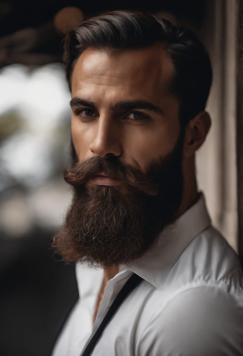 Muscular Brazilian man with beard and mustache in white shirt, La mejor calidad,4k,8K,Hombre muy atractivo con barba, Vello facial bien cuidado, Pescador, Impresionante, realista, Imagen ultrarrealista, Bigote natural, Hombre viejo,foto retrato suave 8 k, Retrato muy detallado, Bigote grueso, Estilo hiperrealista, Barba fina y brillante, vello facial corto, Barba incipiente, Pescador, cara detallada, Retrato ultra realista, cabello canoso,traje elegante, boca abierta,