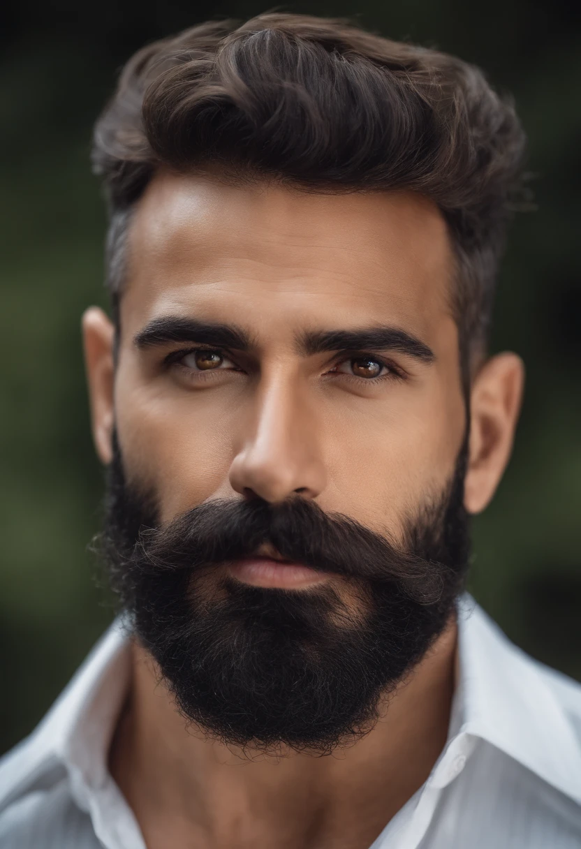 Muscular Brazilian man with beard and mustache in white shirt, La mejor calidad,4k,8K,Hombre muy atractivo con barba, Vello facial bien cuidado, Pescador, Impresionante, realista, Imagen ultrarrealista, Bigote natural, Hombre viejo,foto retrato suave 8 k, Retrato muy detallado, Bigote grueso, Estilo hiperrealista, Barba fina y brillante, vello facial corto, Barba incipiente, Pescador, cara detallada, Retrato ultra realista, cabello canoso,traje elegante, boca abierta,