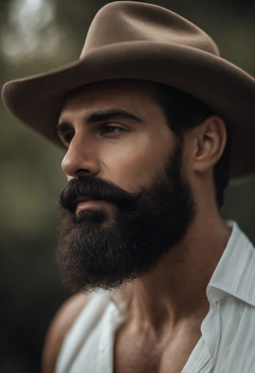 Muscular Brazilian man with beard and mustache in white shirt, La mejor calidad,4k,8K,Hombre muy atractivo con barba, Vello facial bien cuidado, Pescador, Impresionante, realista, Imagen ultrarrealista, Bigote natural, Hombre viejo,foto retrato suave 8 k, Retrato muy detallado, Bigote grueso, Estilo hiperrealista, Barba fina y brillante, vello facial corto, Barba incipiente, Pescador, cara detallada, Retrato ultra realista, cabello canoso,traje elegante, boca abierta,