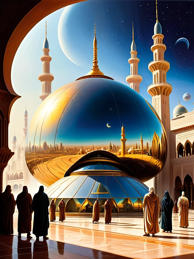Hajj Pilgrim contingent from Alpha Centauri's planet, preparing to get on board an intergalactic spaceship heading to Mecca on Earth, with the mosque's dome shimmering with celestial energy, futuristic landscape and buildings, aesthetic oval pods made of clear materials, insanely detailed and intricate, photorealistic oil on canvas painting, cinematic, eye level view
