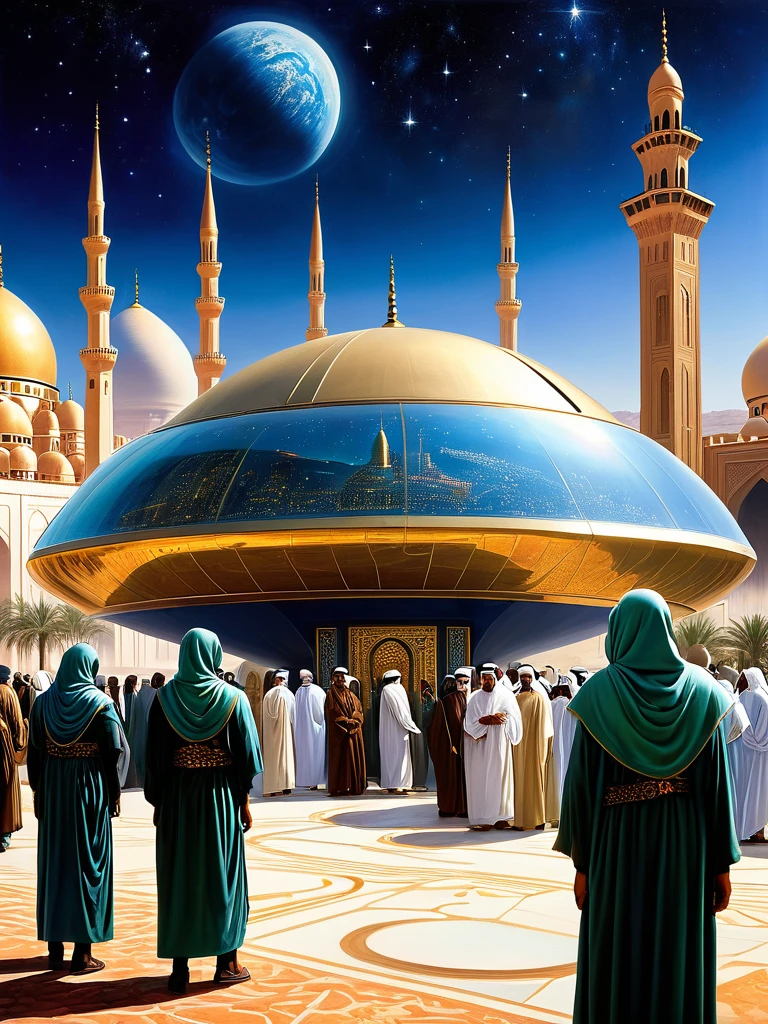Hajj Pilgrim contingent from Alpha Centauri's planet, preparing to get on board an intergalactic spaceship heading to Mecca on Earth, with the mosque's dome shimmering with celestial energy, futuristic landscape and buildings, aesthetic oval pods made of clear materials, insanely detailed and intricate, photorealistic oil on canvas painting, cinematic, eye level view