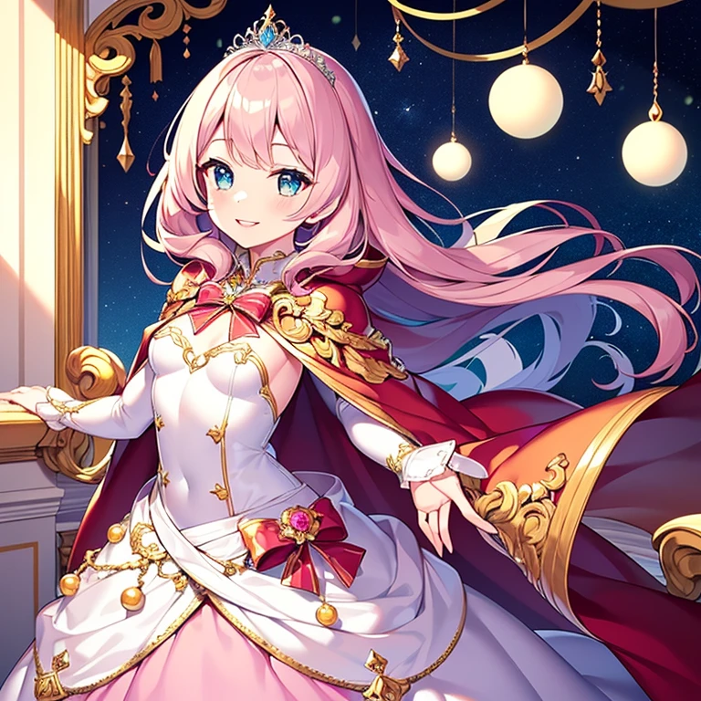 (kawaii),(best quality),(ultra detailed),(rococo style),(long train pastel pink cape:1.15), very long cape,(long train white ball gown with flower decorations:1.1), a girl is wearing a cape over her gown,(she has a western style fan:1.05), 1 little princess, tiara, smile, very long hair, small breasts, beautiful detailed eyes, beautiful detailed lips