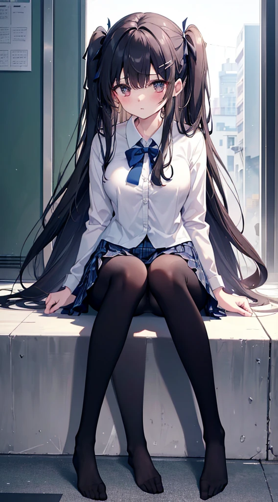 highest level、Masterpiece、HDTV、(Full body female love)、(street frontage)、(Bilateral symmetry)、Mature and tall Japanese high school girl、I am、(Full body view from head to toe)、(No shoes on feet)、Sitting Composition、composition、Slightly lower angle、(White ruffled panties)、、(black leggings)、(black pantyhose)、(Show white composition)、A very beautiful and tall .、(I'm not wearing shoes)、(Bangs)、disheveled hair、(hairpin)、Pale blush、looking at camera、thin legs、 high school uniform blazer、High white shirt、high school blue ribbon、High Plaid and Navy Pleated Skirt