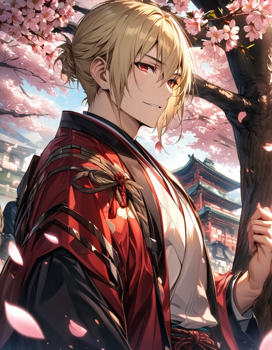 Ultra detailed, Highres, absurdres, HDR, Chikage Kazama, blonde hair, red eyes, Hakuouki, 1 man only, petals, cherry blossoms, handsome,