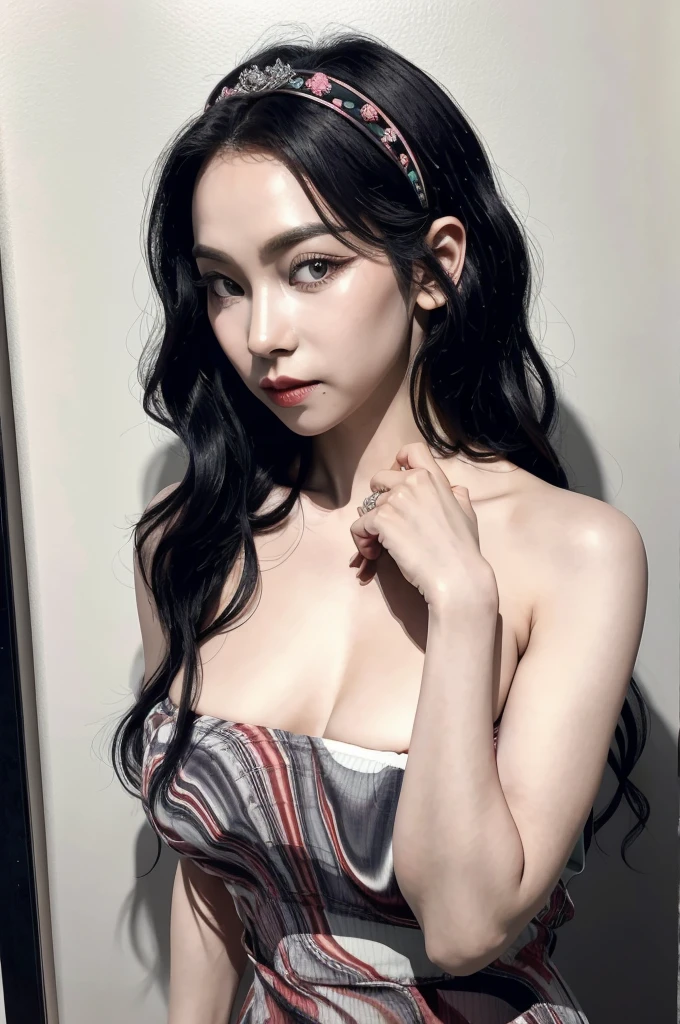 Karina, MBC,
8k portrait, intricate, elegant, highly detailed, majestic, digital photography, art, broken glass, (best quality, high quality, highres, masterpiece, side lighting), (looking at viewer:1.5),
1girl, solo, black hair, brown eyes, polka dot dress, polka dot hairband,
soft and supple, smooth and flawless, pure and radiant, finest, natural skin with a delicate translucence,
simple background,