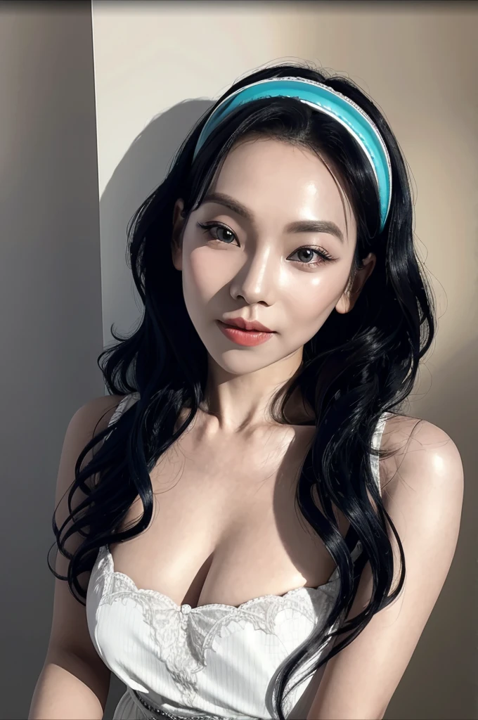Narrow eyes, 1 girl, all white, expressionless, bob, bob, forehead, relief, black hair, bob, solo, cowgirl, transparent one-piece, ((extremely voluptuous breasts)), narrow slit eyes, black eyes, sparkling light eyes , black hair, gloves, dress, luxurious jewelry, earrings, piercing eyes, elbow grooves, hands raised and hair tied back, random color, random color mesh dress, long eye makeup, narrow eyes, smile, lipstick, intricate petals Pattern, rim light, backlight, pastel color, studio lighting, half body, full body