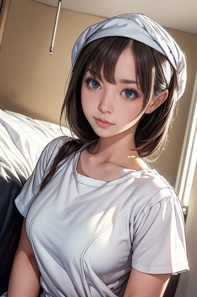 (Best quality, 8k, 32k, Masterpiece, UHD:1.2),Photo of Pretty Japanese woman, 1girl, (medium-short dark brown hair), (large breasts), double eyelid, White nurse uniform, small white nurse (cap), white shirt, open shirt, hospital, patient's room, upper body, sexy