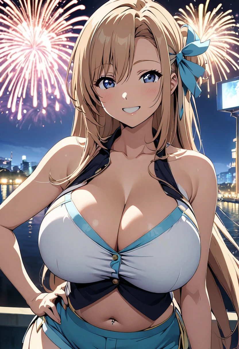Asuna, anime art style, 1 girl, alone,big breasts、cleavage、I can see your belly button、shorts、idol clothes、smile、night view、Beautiful fireworks