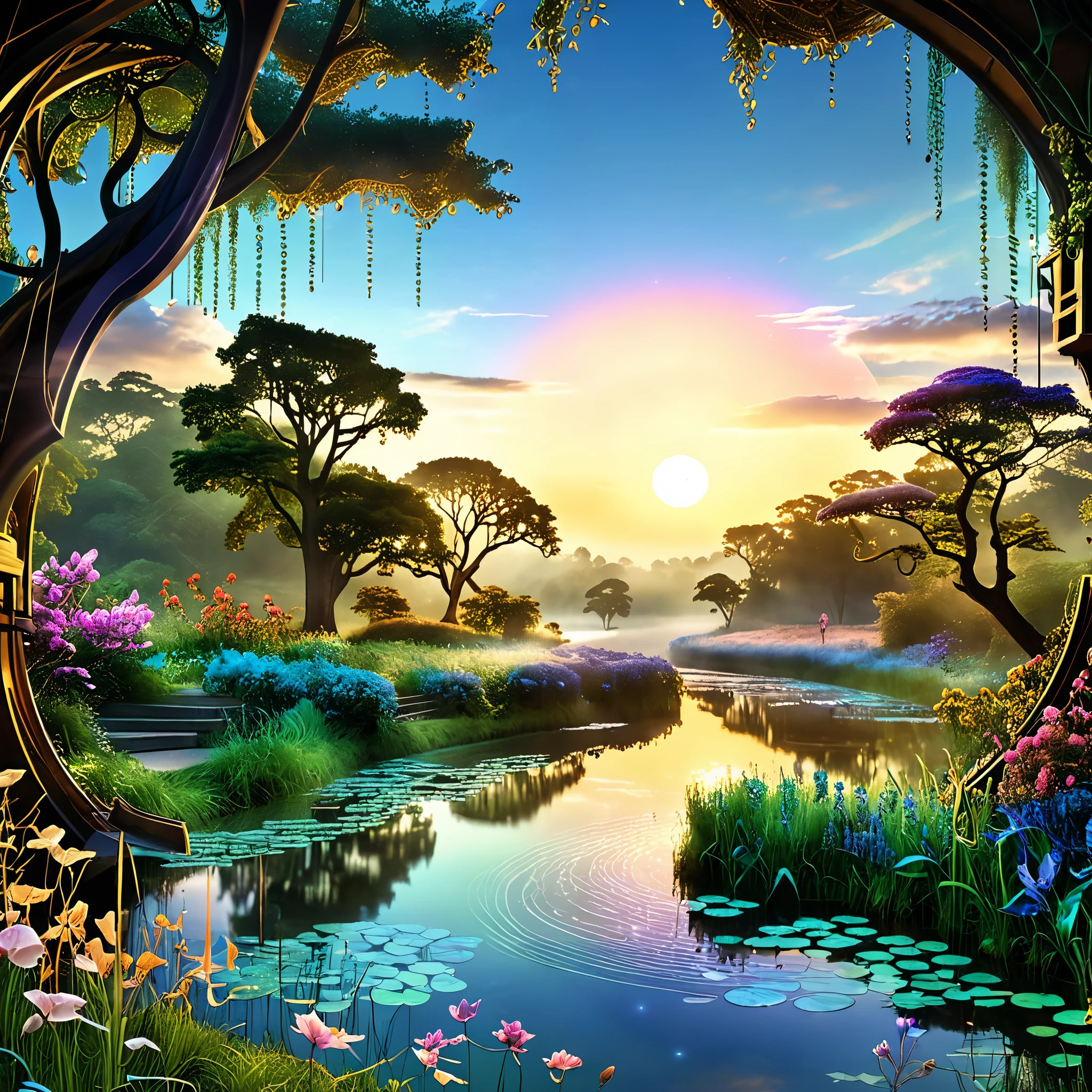Step into a whimsical realm of boundless wonder, where the realms of magic and technology converge in a breathtaking tapestry of harmony. Picture an enchanting Eden, where AI-powered creatures with gleaming metallic bodies frolic alongside ethereal organic beings, their forms aglow with mystical energy. In this vibrant landscape, shimmering streams weave through lush meadows, reflecting the dazzling hues of both nature and innovation. As gentle breezes carry whispers of ancient enchantments, the air thrums with the soft hum of machinery and the melodious songs of enchanted creatures. Behold this mesmerizing fusion of the fantastical and the futuristic, where the boundaries between realms dissolve in a symphony of awe-inspiring beauty.