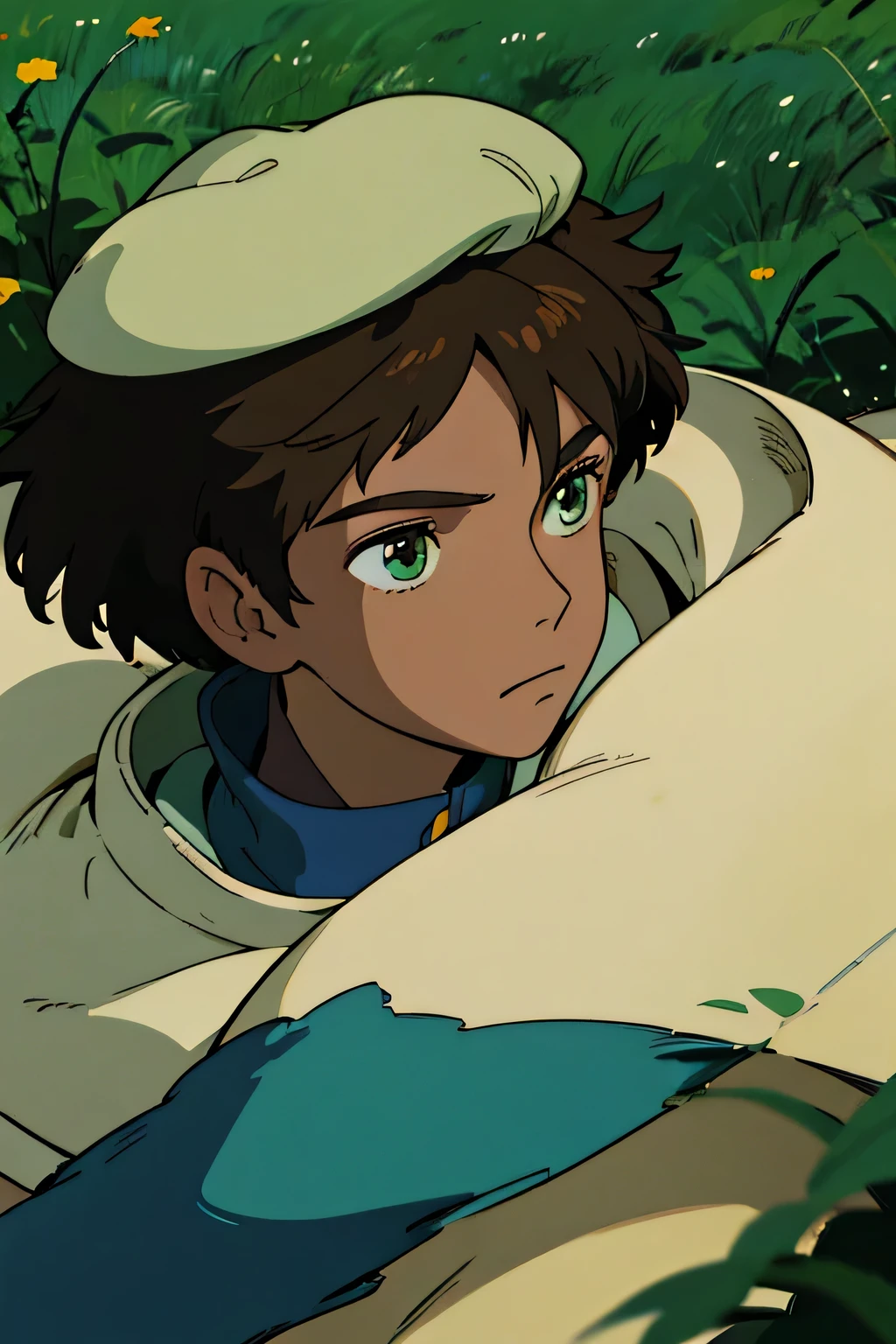 male, knight, beret, brown skin, aqua green eyes, brown hair, teen, close up face shot, fields background, side view