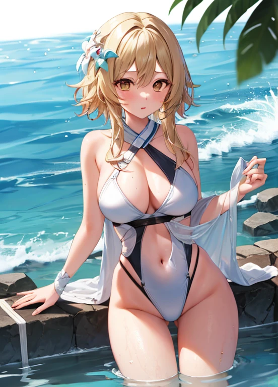 masterpiece, highest quality, 1 girl, 14th instar, no breasts, sandy beach, blonde, dripping water droplets, topless, No correction, Swimsuit in hand, , Hairy pubic hair, Open your legs wide
