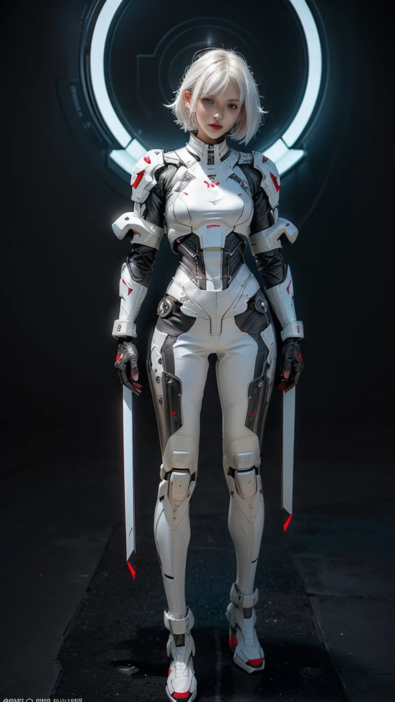 A digital illustration of a white mecha suit, short hair ,bob hairstyle, white hair, (full body length), (super cuteness), (super beautiful face), 32k UHD, C4D style, octane render, sharp focus, complex details, perfect details, highest resolution, Show shoes, 1 girl, solo, RAW, photo realistic of face, CG game art, wearing white armor and helmet, beautiful eyes. The background is a dark grey with neon red accents, creating an eerie atmosphere, The art style is inspired in the style of GG game artstyle, with a high contrast between light and shadow and futuristic elements. It is a digital art piece with a dark fantasy theme, vibrant colors, and sharp details.