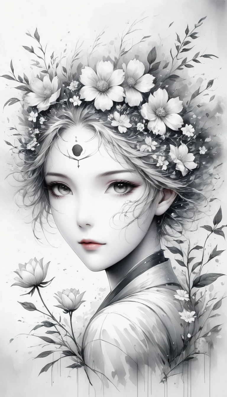 (Anime line drawing:1.5),(black and white painting:1.45),Minimalism,(line art:1.6),sketch,Charcoal drawing,mask,flower,Illustration in surreal art style,surreal dream,Dubrec style,(multiple exposure:1.8),Dreams of happiness,