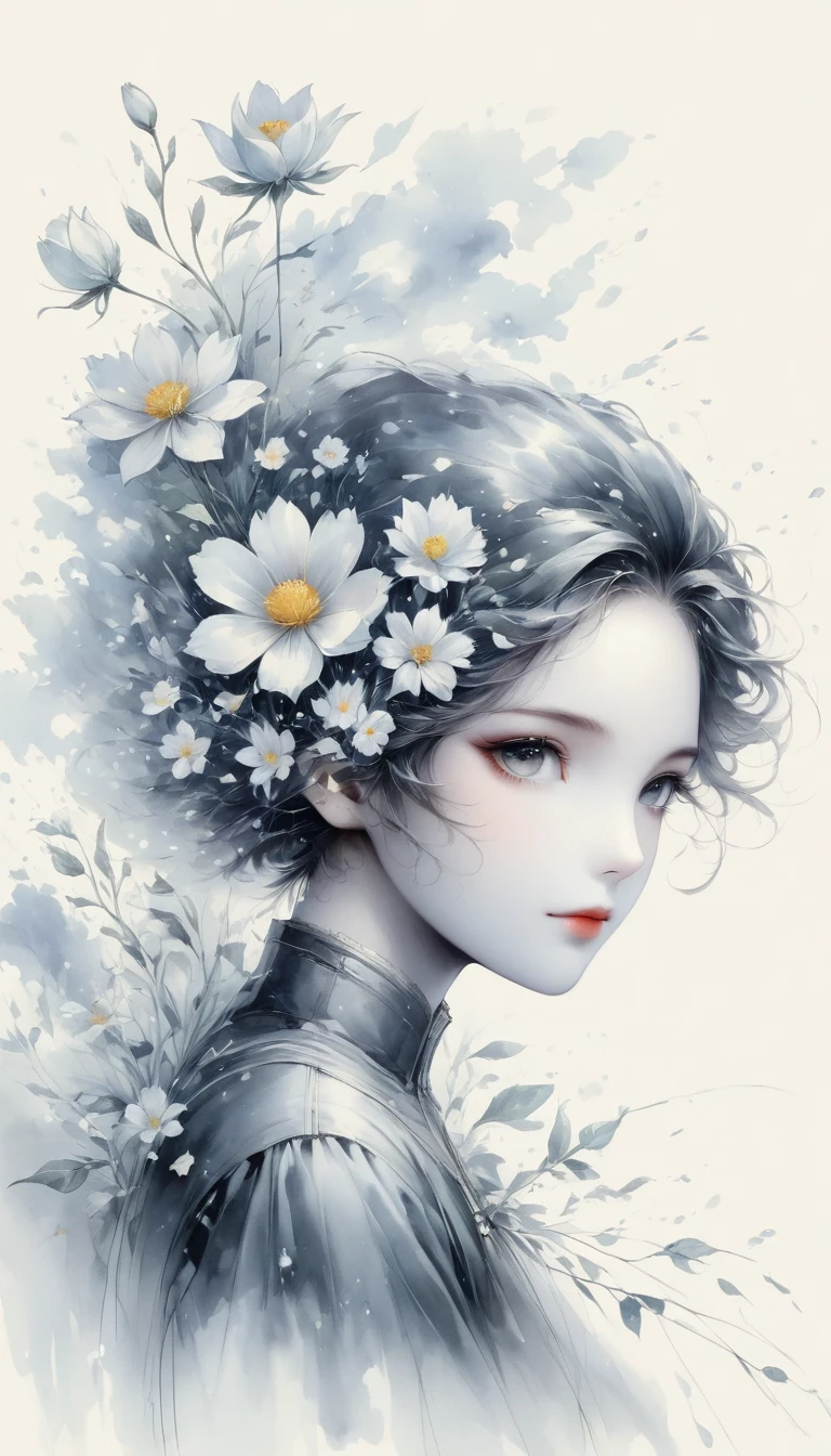(Anime line drawing:1.5),(black and white painting:1.45),Minimalism,(line art:1.6),sketch,Charcoal drawing,mask,flower,Illustration in surreal art style,surreal dream,Dubrec style,(multiple exposure:1.8),Dreams of happiness,