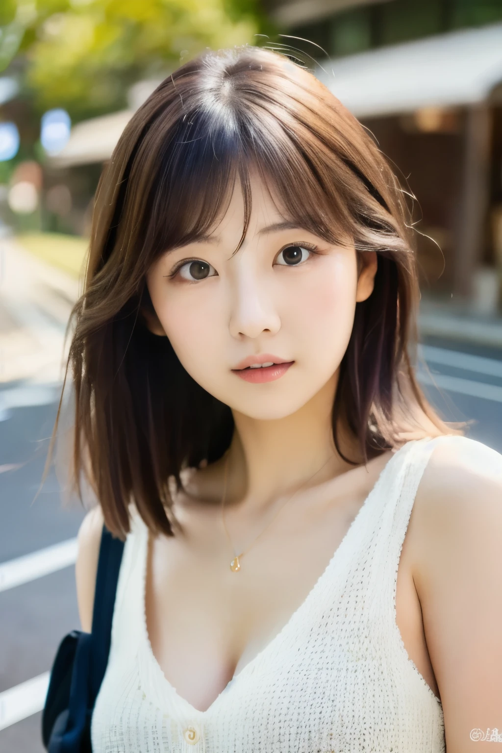 (masterpiece:1.3), (8k, Photoreal, Raw photo, best image quality: 1.4), Japanese high school girl、(random hairstyle:1.2)、cleavage:1.2、super detail face、eye for details、double eyelid、chest to chest、sharp focus:1.2、Beautiful woman:1.4、light brown hair、Smartphone photography(Shooting from a short distance)、masterpiece、超A high resolution、(Photoreal:1.4)、Full body shot、Lifelike skin and hair、A little messy hair、A face with almost no makeup、Wearing a spring-like striped knit、I&#39;m wearing shorts、She is wearing black platform high heels、Take a picture of the back、きれいでthin脚、The background is a Japanese road、High resolution、thin、、short haired、A figure not looking at me